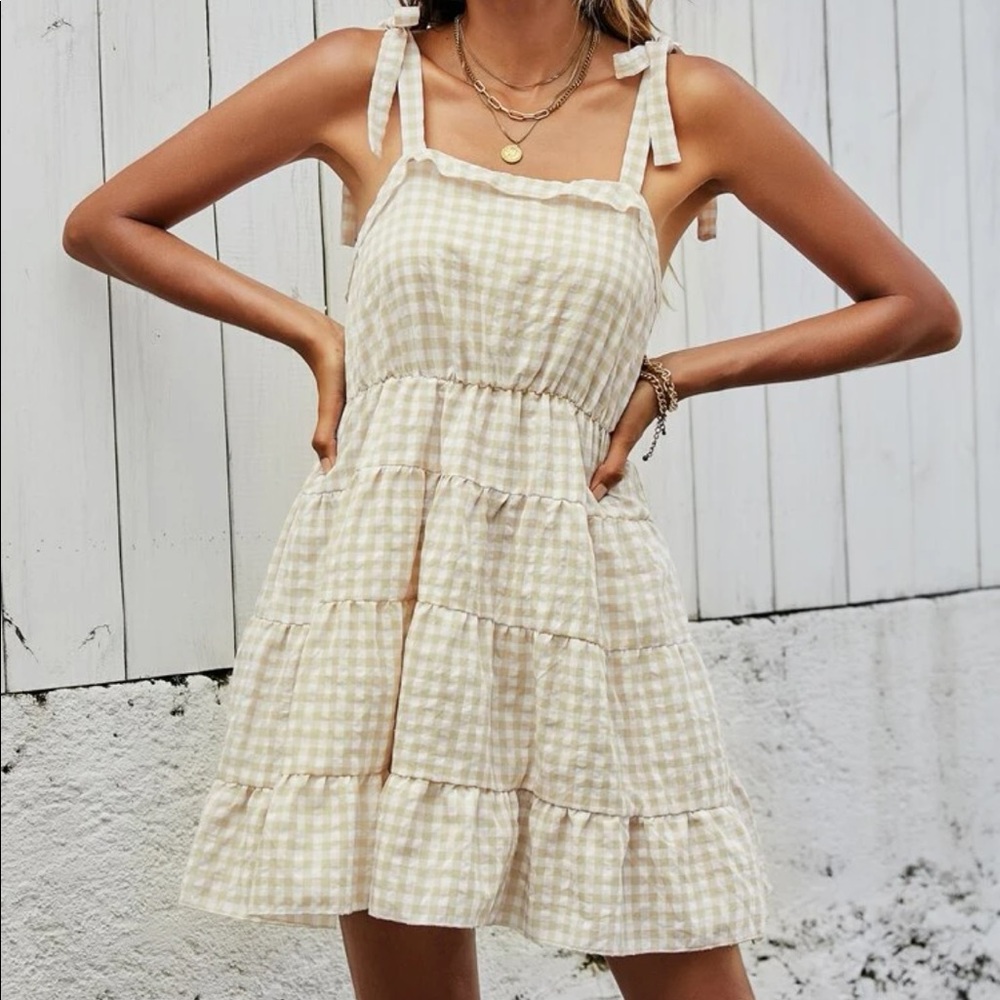 Gingham Knot Straps Ruffle Hem Cami Dress